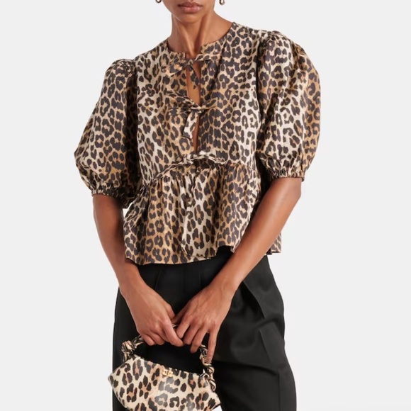FLASH SALE🔥 NEW! GANNI Leopard Cotton Poplin Peplum Tie Blouse - Size 40 (M) - Picture 2 of 11